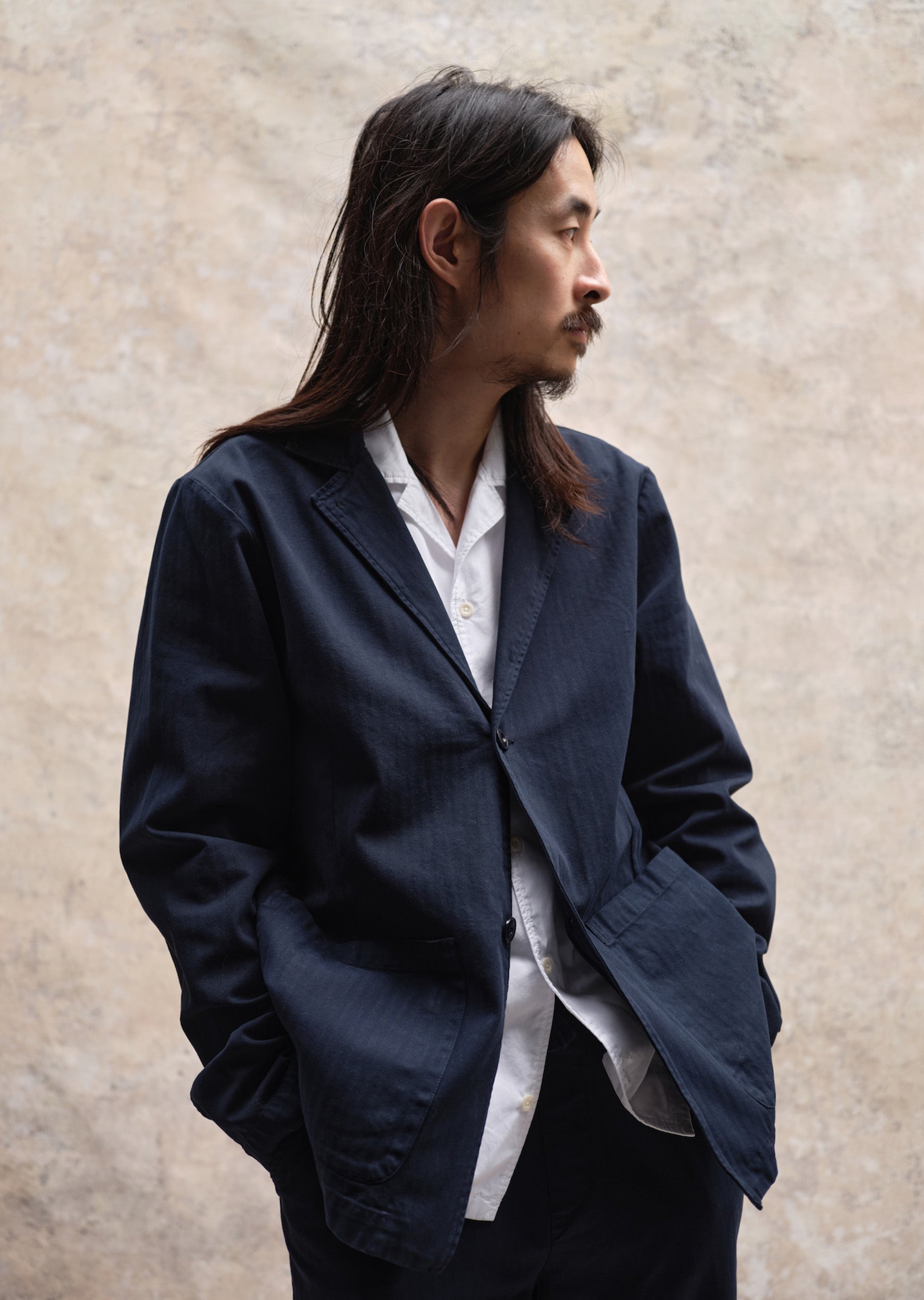 Unlined Herringbone Blazer in Dark Navy albam Clothing